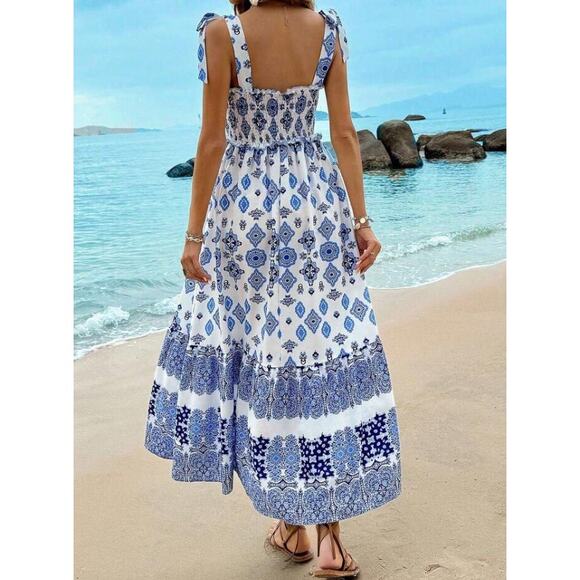 Zara Smocked Tie Strap Boho Linen Maxi Tiered‎ Dress Grecian Print Size Large - Picture 3 of 10